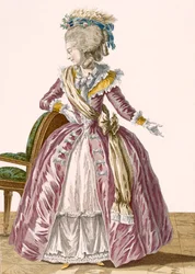 デュパンが刻印した白いアンダースカートのブルゴーニュレディースガウン、「Galeries des Modes et Costumes Francais」c.1778-87のプレートno.166